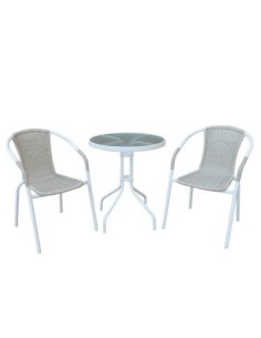 BALENO Set (Table D60cm+2 Armchairs) Steel White-Wicker Beige